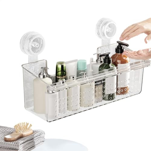 LearnLyrics Mensola per doccia con ventosa, cestello portaoggetti con ventosa, organizer per mensola da bagno a parete, organizer per bagno | Supporto doccia stabile, cestino da bagno per shampoo,