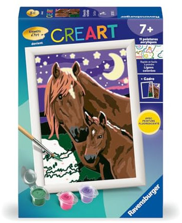 Ravensburger - CreArt Kids 13x18 cm - Numéro d'art - Chevaux à la Nuit tombée - dès 7 Ans - Kit de Peinture par numéros - avec Peinture phosphorescente - 25751