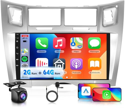 2G+64G Inalámbrico Carplay Android Radio de Coche 2 DIN para Toyota Yaris/Vizi 2005-2011 9 Pulgadas Écran Radio Coche con Android Auto GPS Navi WiFi Mirror Link Bluetooth FM/RDS/EQ Cámara Trasera