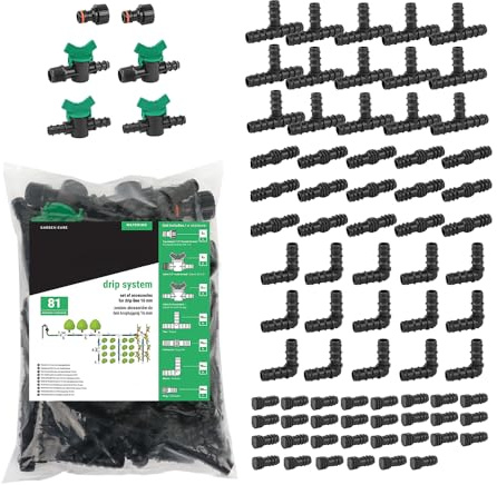Lot de 81 accessoires d'irrigation goutte à goutte 16 mm – Grand kit de connecteurs avec raccords, valves, pièces en T, bouchons d'extrémité – Pour tuyau goutte à goutte de 16 mm de jardin