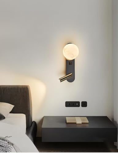 AstrizLamp Applique da Parete Lettura Sul Comodino, Doppia-testa Luce Notturna con Interruttore, 350° Girevole G9 Faretti&Sferico Luci di illuminazione, LED Lampada da Parete Camera da letto(Nero)