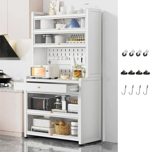 Armoire de cuisine de 60 cm de haut avec plan de travail et 6 étagères grises - Meuble de rangement polyvalent pour micro-ondes - Solution d'économie d'espace - Finition blanche élégante