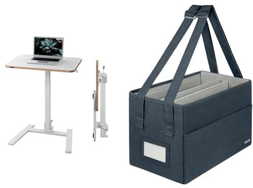 Leitz Set Ergo Klappbarer und höhenverstellbarer Schreibtisch + Desk Sharing Compact Arbeitstasche, Kompaktes Stehpult mit Tragegriff, Belastbar bis 20 kg, 65 x 48 cm, Weiß, 65880001 + 65760089