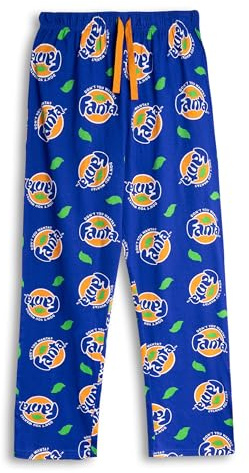 Coca-Cola Fanta Mens Blue Logo Lounge Pants | Comfortable Drawstring Bottoms for Relaxation | All-over Print in Orange & Green | Soft Cotton Lounge Wear | Fanta Merch