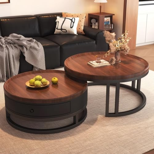 Set of 2 Coffee Tables, Modern Extendable Coffee Table, Coffee Table with Storage, Metal Frame, for the Living Room, Bedroom, Walnut