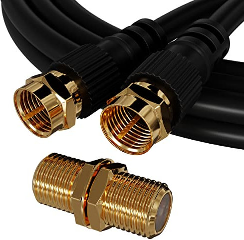 ConnectingU 1m Black Satellite Coaxial Cable Kit (Virgin Media & Sky Compatible) - Male to Male Cable with F-Type Connectors Bundled with an F-Type Female to Female Coupler.