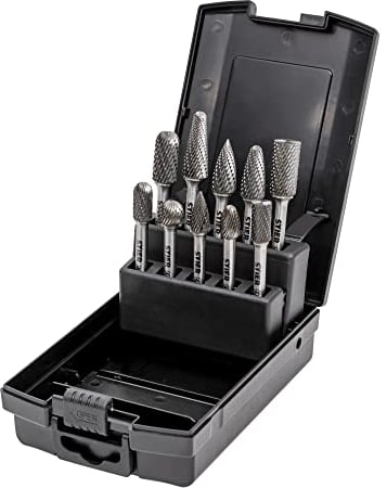 STIER Frässtifte-Set 10-teilig, 6 mm Schaftdurchmesser, Fräsformen: Zylinder Stirnverzahnung Walzenrundform Oval Tropfen Spitzbogen, hohe Schnittgeschwindigkeit 840 m/min