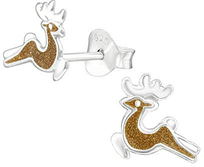 Laimons Mädchen-Ohrstecker Rentier Reh 9 mm Braun Glitzer aus Sterling Silber 925