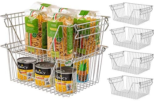 Stackable Wire Storage Organizer Baskets Cabinet Organizing Sturdy Metal Wire Pantry Freezer Bins for Home Bathroom Fridge Kitchen Shelves Organization set of 4