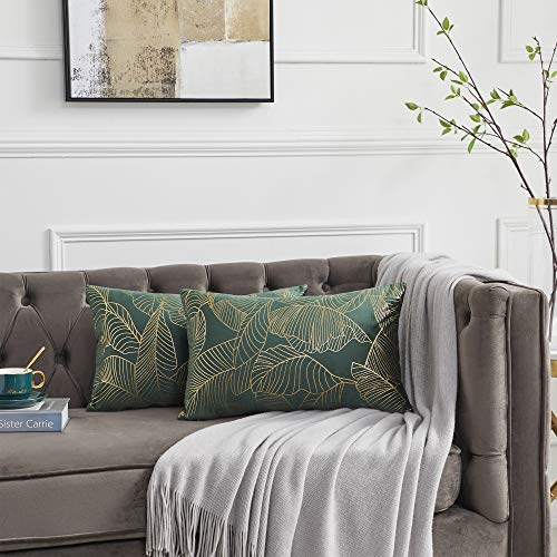 Kissenbezug 30x50 cm Samt Gold Blätter Kissenbezüge Grün Dekorative Kissenhülle Dekokissen für Sofa Schlafzimmer Wohnzimmer 2er Set