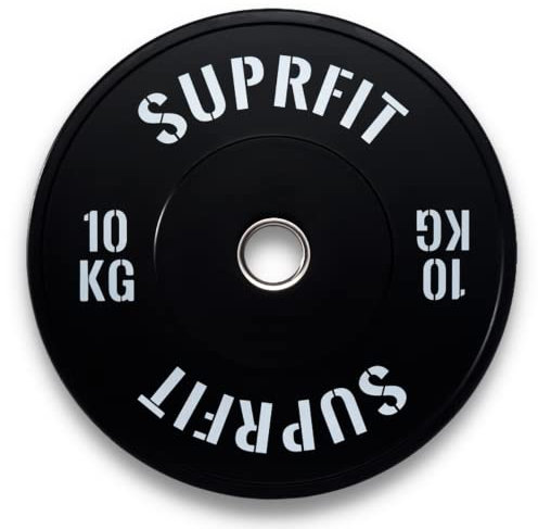 SUPRFIT Gummierte Fitness Bumper Plates 50mm Gewichtsscheiben aus Vollgummigranulat - Gewicht: 10kg, Stoßabsorbierende Hantelscheiben 50mm fürs Hanteltraining, Gewichtscheiben - Farbe: Schwarz/Weiß