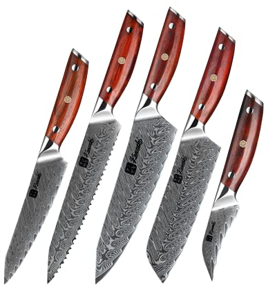 Kensaki 5er Messerset aus Damaszener Stahl Küchenmesser Japanischer Art hergestellt aus 67 Lagen Damaststahl Chairo Serie KEN-101 5er Set