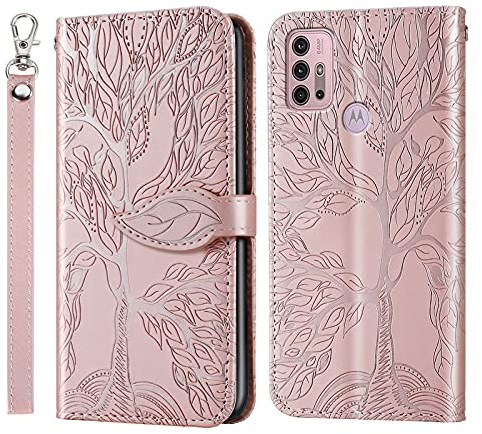 Succtopy Hülle für Motorola Moto G30/G10, PU Leder Folio Flip Handy Schutzhülle Moto G10 Klappbar Blatt Magnetisch Cover Case mit Brieftasche Handyhülle Klapphülle Motorola Moto G30, Baum Rosa