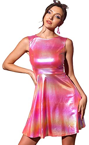 Allegra K Damen Ärmellos Partykleid Glitzer Holografisch Metallic Kleid
