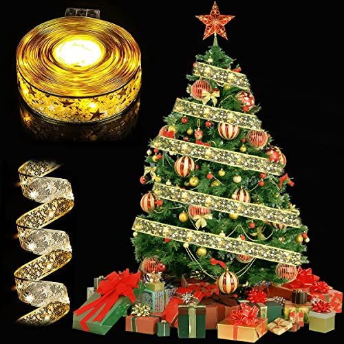 RosyFate Weihnachtsbaum Lichterkette LED, 5M Weihnachtsbaum Band, Glitzer Band, Weihnachten Lichterkette, Weihnachtsbeleuchtung Außen &Innen, Gold, Warmes Licht