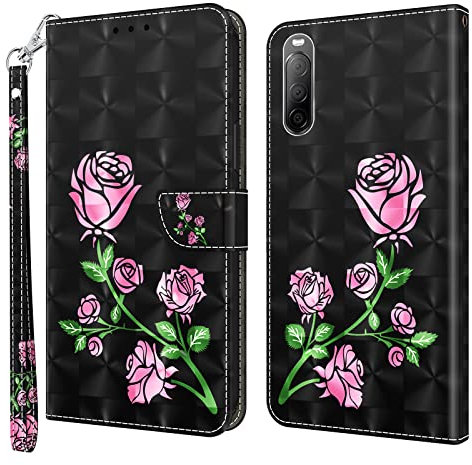 BLOTECH Sony Xperia 10 II Hülle Case, Sony Xperia 10 II Handyhülle Brieftasche, PU Leder Tasche Book Type Ledertasche Cover Magnetverschluss Ständer Stoßfest Schwarzer Hintergrund Rosen Muster