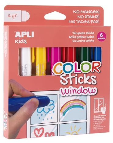 APLI Kids 19363 - Color Sticks Window - Gouache solide en stick pour dessiner sur les fenêtres et autres surfaces en verre - 6 bâtonnets aux couleurs assorties.