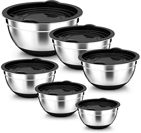 Onader Lot de 6 saladiers gigognes en acier inoxydable avec couvercles hermétiques et base en silicone antidérapant, la préparation des aliments, taille 0.7/1.2/1.6/2.5/2.8/4.6 l – Noir