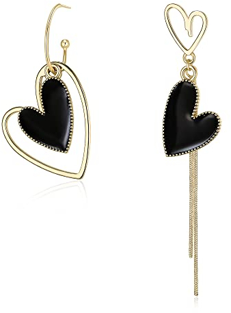 EVER FAITH Asymmetrische Ohrringe für Damen, 14K vergoldet Große Lange Schwarze Herz mismatched earrings Ohrhänger Schmuck