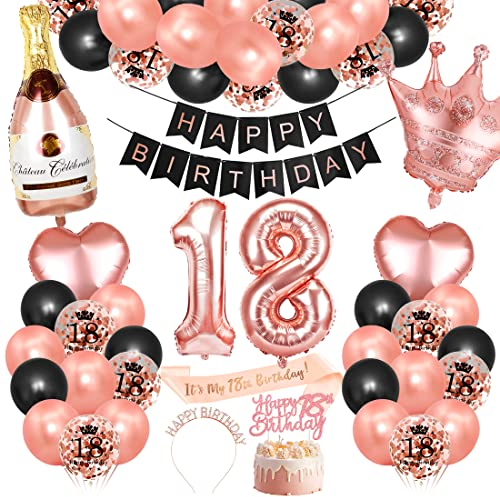 Bluelves 18. Geburtstag Dekorationen Mädchen, Rosegold Schwarz Deko zum 18 Geburtstag, 18 er geburtstag Happy Birthday Banner Girlande Konfetti luftballon,Geburtstagsdeko für mädchen