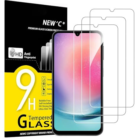 NEW'C Lot de 3, Verre Trempé pour Samsung Galaxy A24 4G, Film Protection écran - sans Bulles d'air -Ultra Résistant (0,33mm HD Ultra Transparent) Dureté 9H Glass
