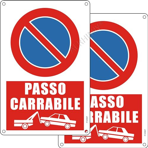 Cartello Divieto di Sosta Passo Carrabile Metallo Riflettente 20x30 cm, 2 Pezzi Cartello Passo Carrabile Alluminio Protezione UV, Impermeabile, Antiruggine, Con fori