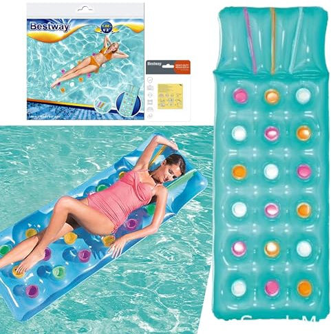 Sun Lounger Float Pool Inflatables - Blue Pool Float Air Bed Inflatable Mattress with Built in Pillow & Heavy Duty Patch Repair Kit. Water Hammock with Topline Card for Swimming Pool, Beach Games