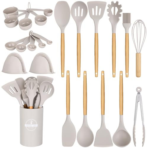 Silicone Kitchen Cooking Utensils Set, 24 Pcs Non-Stick Kitchen Utensil Spatula Set with Wooden Handles and Holder, BPA Free Gadgets for Cookware, Kitchen Accessories, Khaki