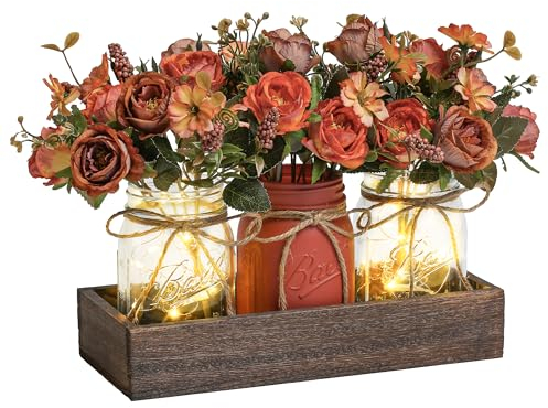 DUOER 3 Pcs Mason Jar Centerpiece Table Decorations for Dining Table Decor Farmhouse Coffee Table Decor with Wood Tray Table Centerpieces for Dining room Kitchen Living Bathroom,Orange