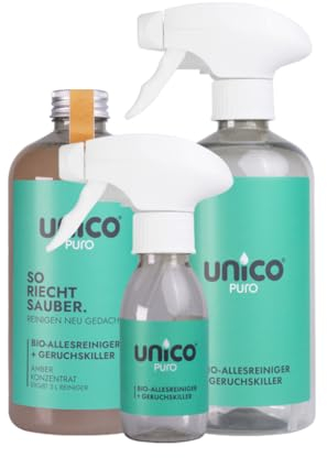 unicopuro® Allesreiniger Starter-Set Amber – 500 ml Konzentrat = 5 L – inkl. 500 ml & 100 ml Sprühflaschen + Soft-Touch Microfasertuch – biologisch abbaubar, Geruchskiller, in 7 Düften