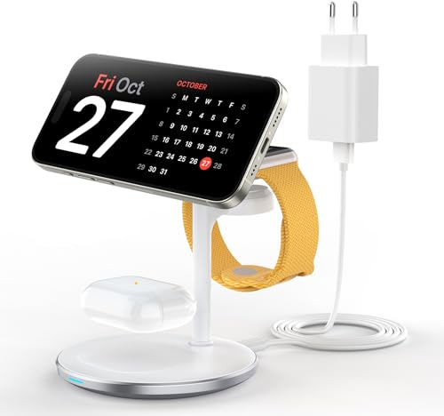 3 in 1 induktive Ladestation für mehrere Geräte,15W schnell Mag-Safe Ladestation für iPhone 15 14,Mag-Safe Ladegerät für iWatch Ultra 2/1/Series 9/8,AirPods,Weiss