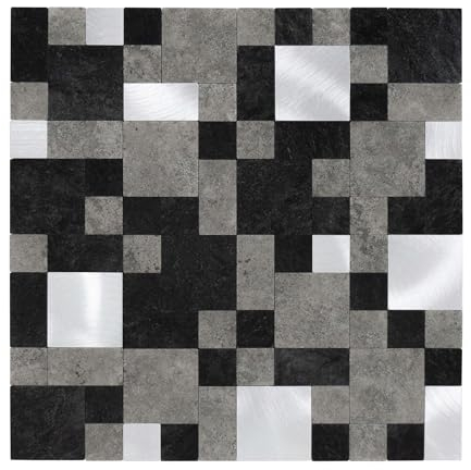 Dalsys Wandpaneele selbstklebend Steinoptik 1m², 11 Stück Schwarz Grau Silber Wandverkleidung feuchtigskeitsbeständig, Premium Qualität für Bad und Küche, Quadrat Rechteck Form