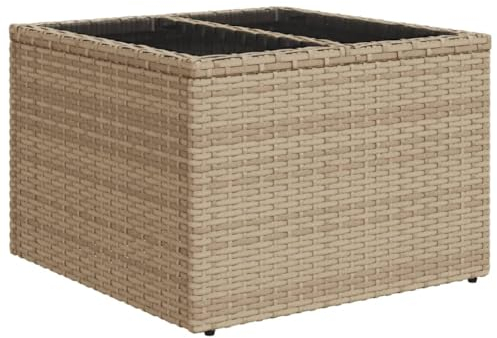 vidaXL Table de Jardin Dessus en Verre, Table Basse, Meuble de Pique-Nique Terrasse Patio Balcon Cour Extérieur, Beige Résine Tressée
