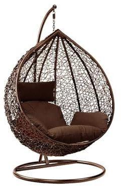 Rattan Swing Egg Chair | Holywarm Garden Swing Chair with Cushion | Indoor Outdoor Hanging Chair with Stand | Hammock Egg Chairs for Garden Bedroom Balcony (Brown Egg Chair + Brown Cushion)