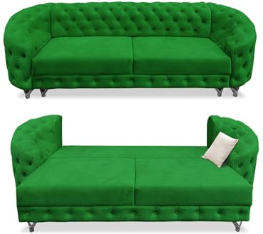 SILKMARKS® Chesterfield Sofa mit Schlaffunktion - 3-Sitzer Sofa - Premium Komfort - Wasserabweisender und kratzfester Samt - Couch mit extra Stauraum - Elegantes Design (Grün)