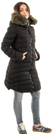 Superdry Damen Mittellanger Fuji Steppmantel mit Kapuze aus Kunstfell Schwarz 42
