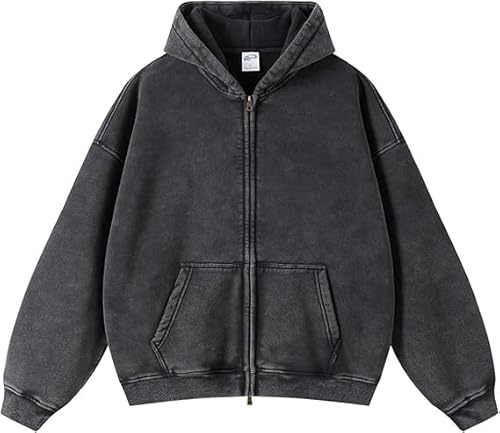 Womens and Mens Zip Up Hoodies Long Sleeve Fall Oversized Sweatshirts Acid Wash Y2K Jacket with Pockets