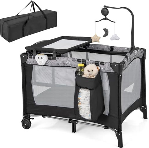 COSTWAY Cuna de Viaje y Parque Infantil, Cuna Bebe 3 en 1 para con Cambiador Desmontable, Colchón, Juguetes Colgantes, Caja Musical y Bolsa, Ruedas Bloqueables y Bolsa de Transporte (Gris)