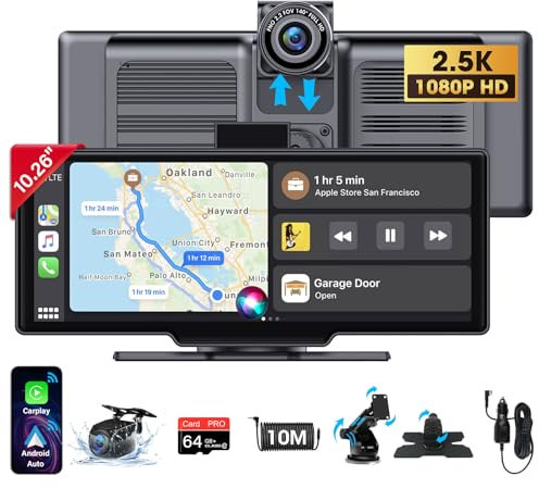 Vtopek Apple Carplay Screen 10.26 inch Wireless Car Play Android Auto Car Screen 2.5K Dash Cam Dual Camera Dual Bluetooth Mirror Link Voice Control Map Navigation with Waterproof Rear Camera 64G Card