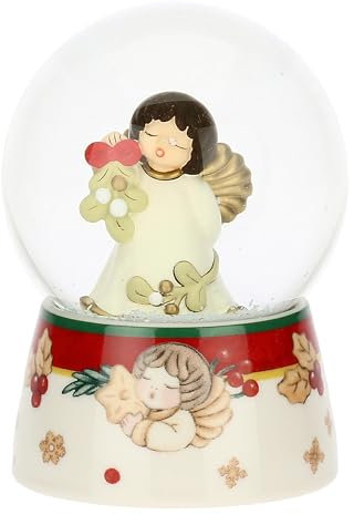 THUN, Boule De Neige Engel mit Mistel aus Glas und hochwertiger Keramik, mittlere Version, Weihnachts-Kollektion, Sammlerstück, Geschenkidee für Weihnachten, Ø 7,9 cm, 11 cm h