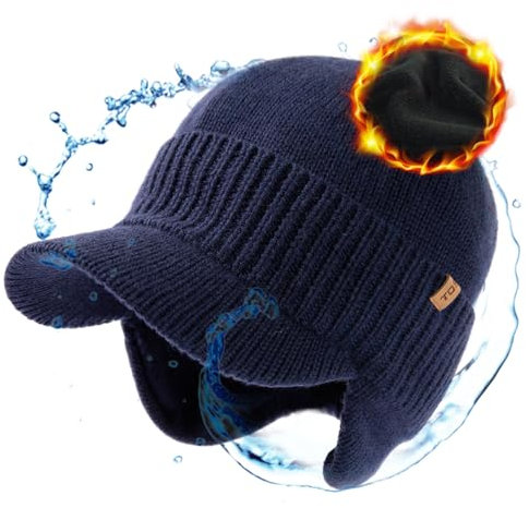TOP-EX Bonnet d'hiver unisexe imperméable 80 % laine mérinos avec visière et cache-oreilles, doublure en polaire chaude, idéal pour le temps froid et les sports de plein air, Bleu imperméable, L-XL