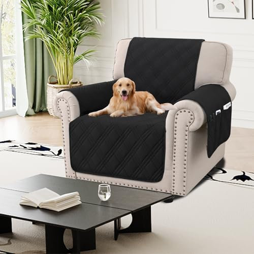 H.Versailtex 100% wasserdichter Sofabezug 1-Sitzer, Haustier-Couchbezüge, rutschfeste Sofabezüge mit Seitentasche, waschbare Sofaschoner für Hunde, Schwarz