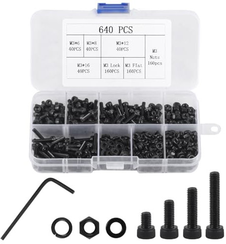 Lot de 641 boulons et écrous M3, écrous et boulons, assortiment de vis à tête hexagonale noire, boulons et écrous et rondelles plates et de verrouillage, vis à machine pour ordinateur portable avec