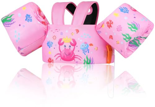 MoKo Kinder Schwimmflügel, Cartoon Schwimmende Badeanzug Schwimmweste, Schwimmtraining Jacke Schwimmflügel mit Schnalle für Jungen Mädchen 9 bis 22,6 kg, Rosa Krabbe