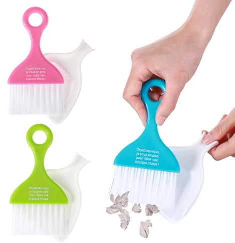 Gjinxi Juego de mini recogedor de 3 piezas, escobas de batidor de mesa, sartenes pequeñas con cepillo para teclado, recogedor de polvo, herramienta de limpieza de escritorio, recogedor portátil para