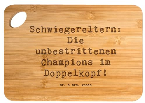 Mr. & Mrs. Panda Bambus - Schneidebrett Spruch Schwiegereltern Champions - Geschenk, Liebe, Familie, Holzbrett mit Gravur, Doppelkopf, Schneidebrett