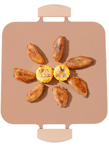Kuxiptin Antihaftbeschichtete Grillpfanne, Antihaftbeschichtete Grillpfanne, Rutschfeste Holzgriffe, flache Grillplatte, geneigt, Tragbare Tortilla-Grillplatte für Outdoor-Camping-Grill-Picknick-Grill