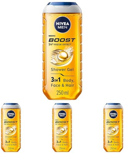 NIVEA MEN BOOST Shower Gel (250 ml), Moisturising 3-in-1 Body Wash for Men with Naturally Sourced Caffeine, Revitalising NIVEA MEN Shower Gel (Pack of 4)
