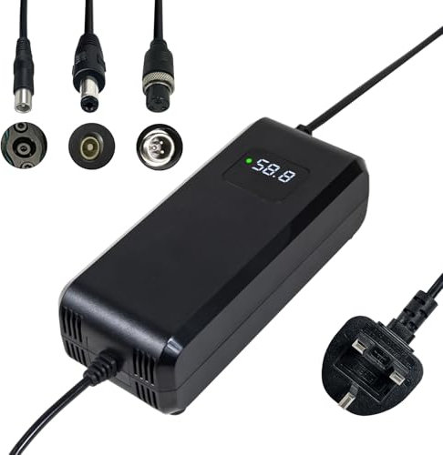 58.8V 4A battery charger, for 52V/48V lithium battery, with LED display and multiple protection and repair functions, UKCA certification, equipped with connectors (RCA 8mm, DC 5.5 * 2.1mm, GX12 8mm)