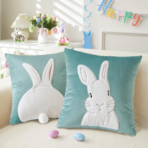 Kissenbezug 45x45 Ostern, 2er Set Osterdeko Hase Schwanz Kissenbezug Samt, Osterdeko Modern Hase Deko Kissenhülle, Osterhase Kissenbezüge für Kissen 45x45, Ostern Deko Zimmer Deko Aesthetic (Grün)